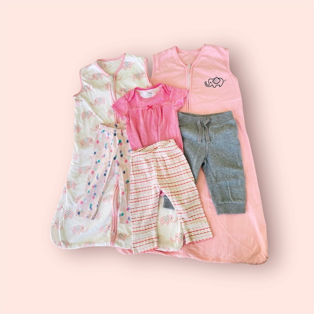 Baby Girl Lot of 6-12 Months Clothing Sleep Sacks + Pants + Onesie Pink 6 Pcs